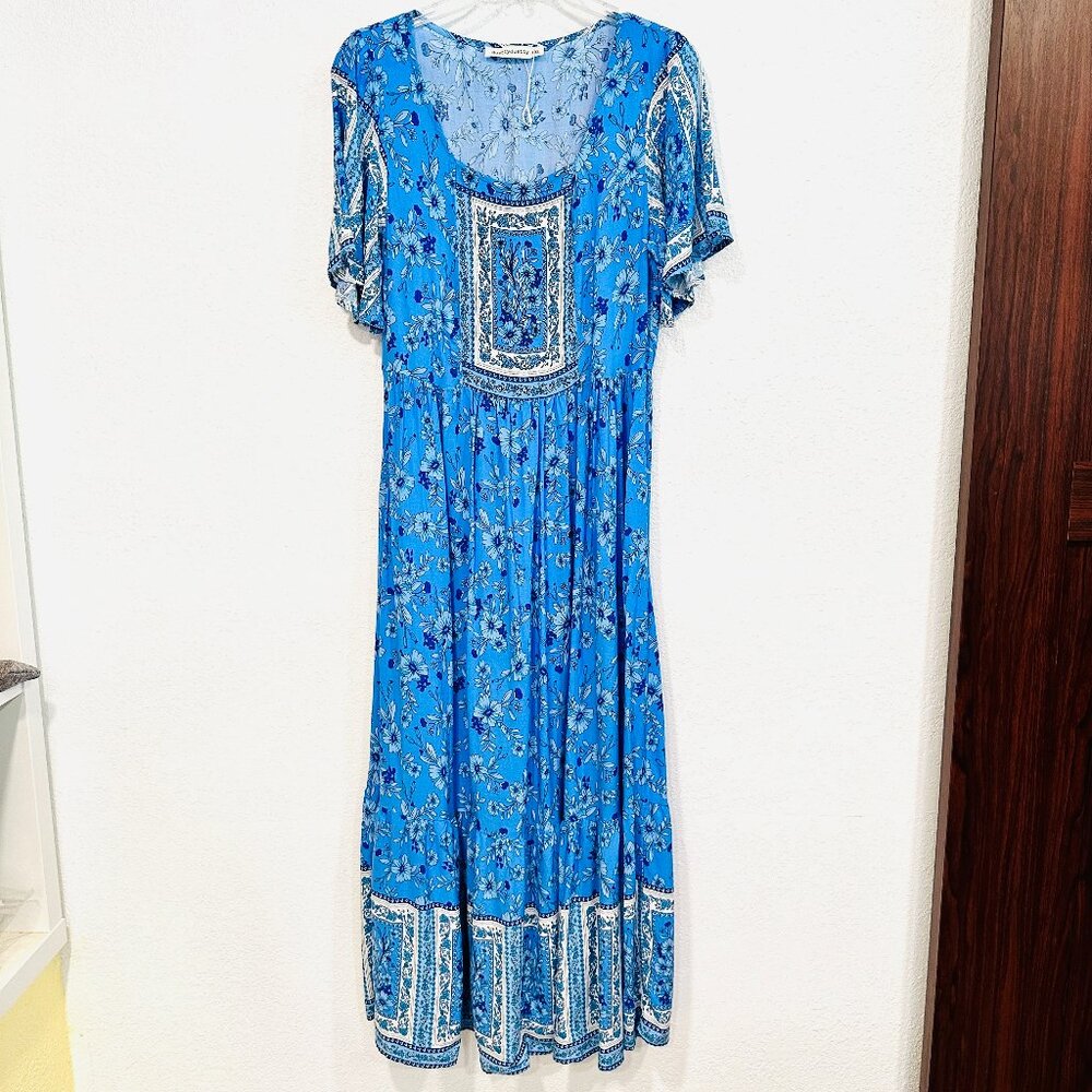 NWOT RusttyDustty Boho Peasant Maxi Dress Blue Floral Size 0XL Fits Like Medium